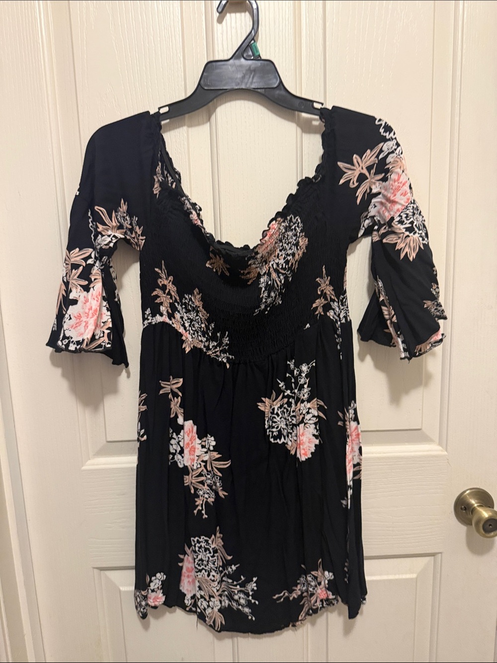 feathers Black Floral Mini Dress with Pink and Cream Accents